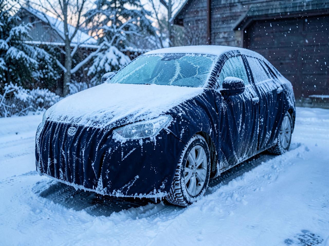 Winter snow and ice car cover fitted to a car on a snowy driveway