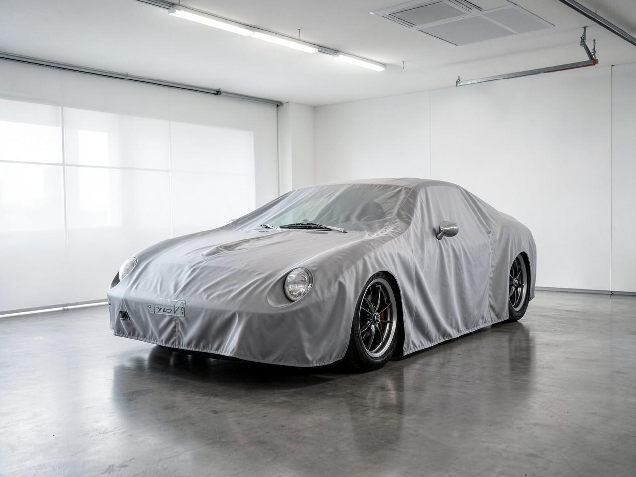Soft indoor dust cover draped over a sports car inside a clean garage