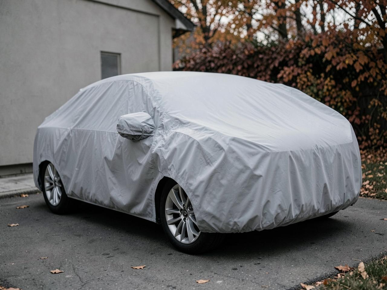 Light grey three-season car cover fitted to a hatchback on a driveway