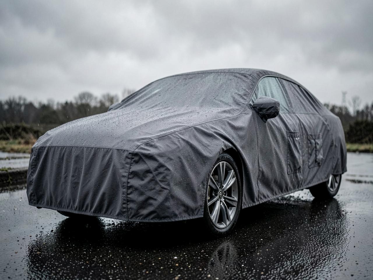 Charcoal all-season car cover fitted to a saloon parked outdoors in the rain