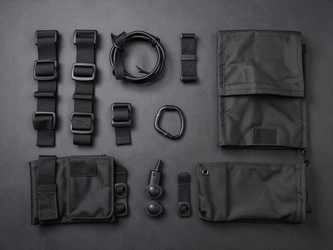 Car cover accessories laid out on a dark surface: gust straps, cable lock and storage bag