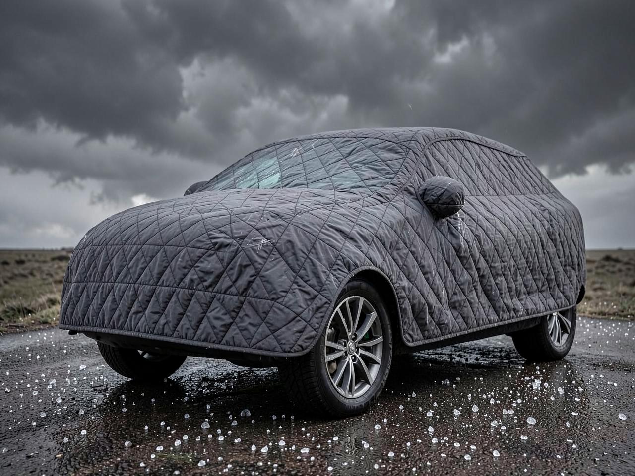 Padded quilted hail cover fitted to an SUV under a storm sky