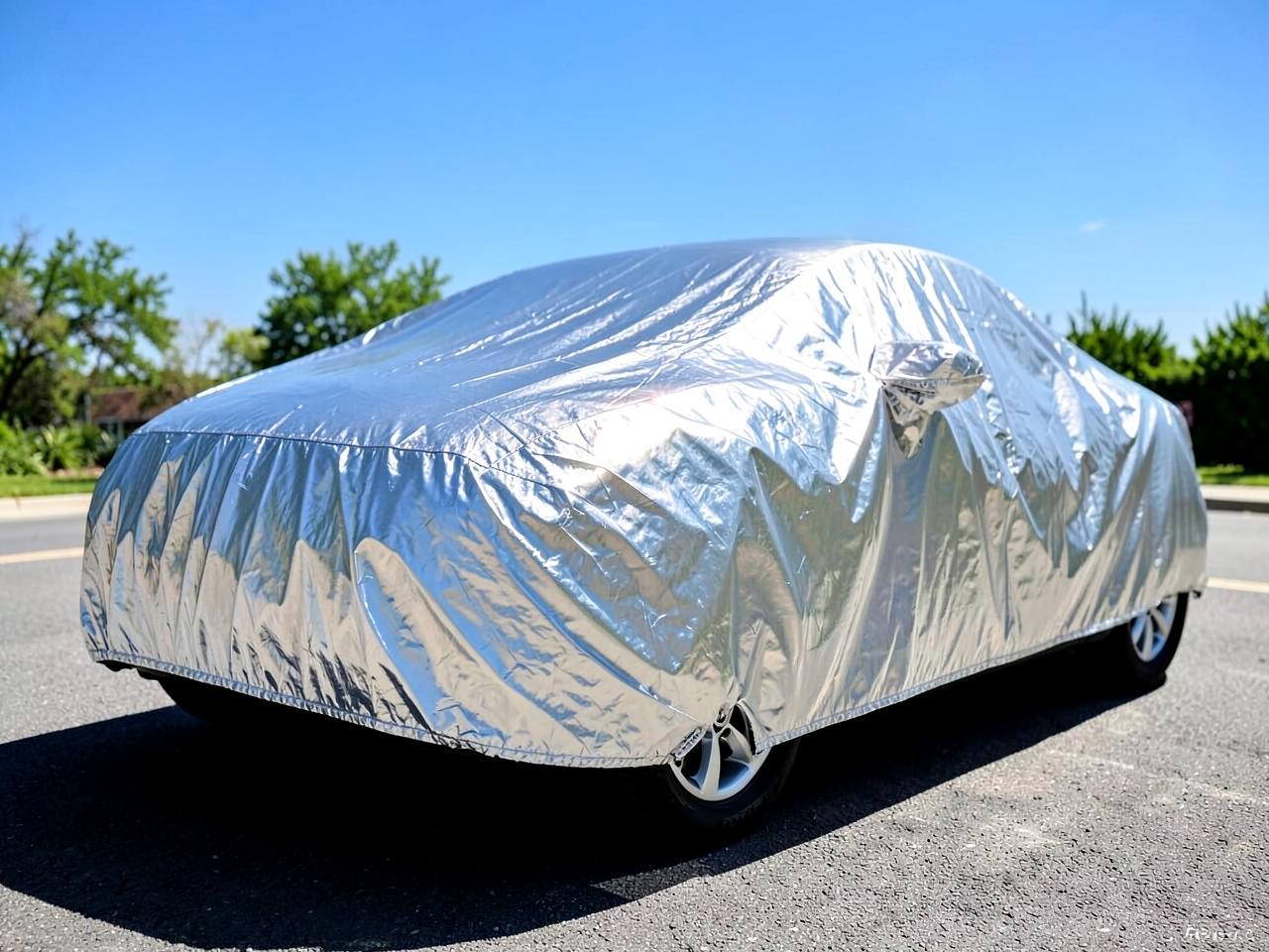 Reflective silver UV car cover on a car parked in direct summer sun
